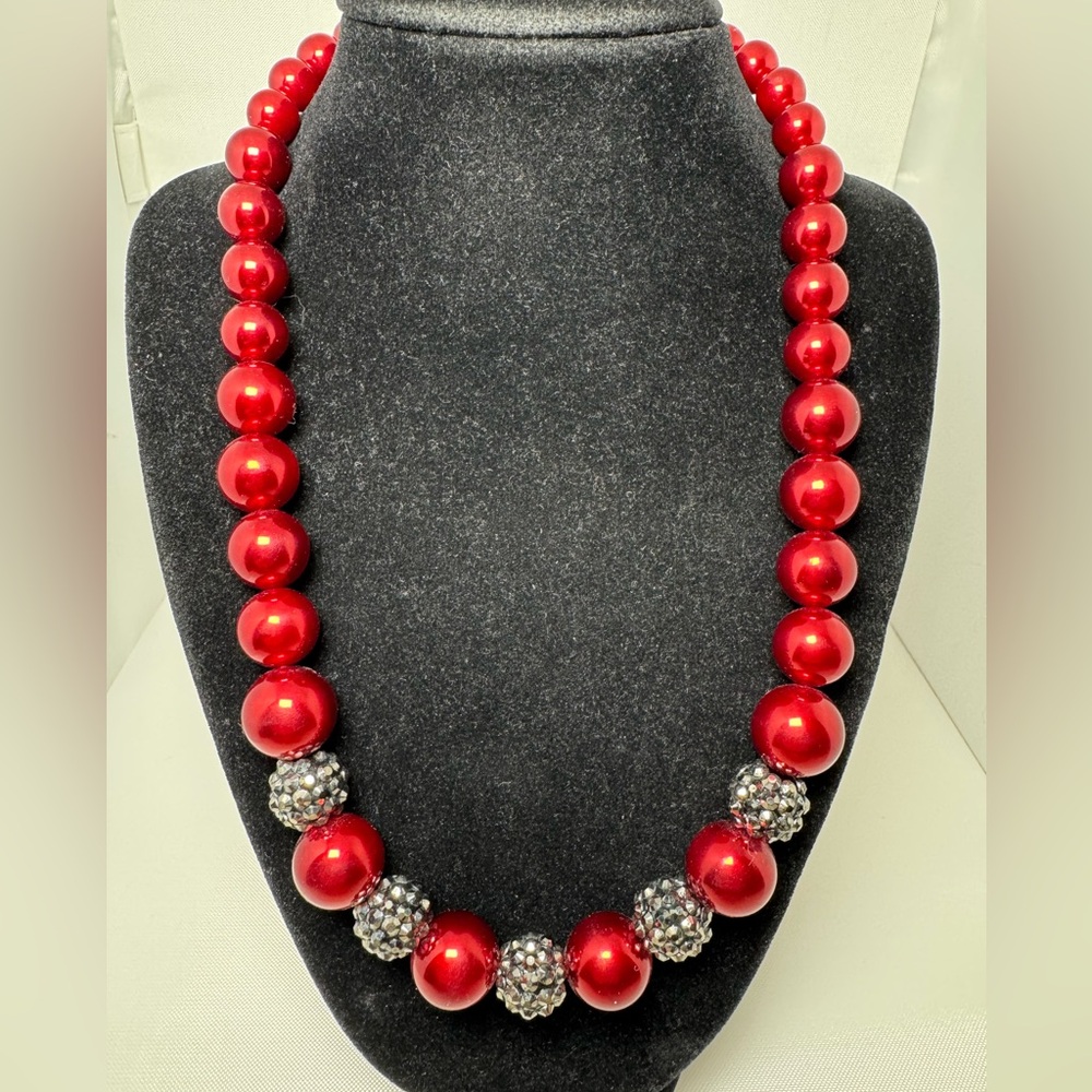 RMN Red and Silver Beaded Necklace with Marcasite